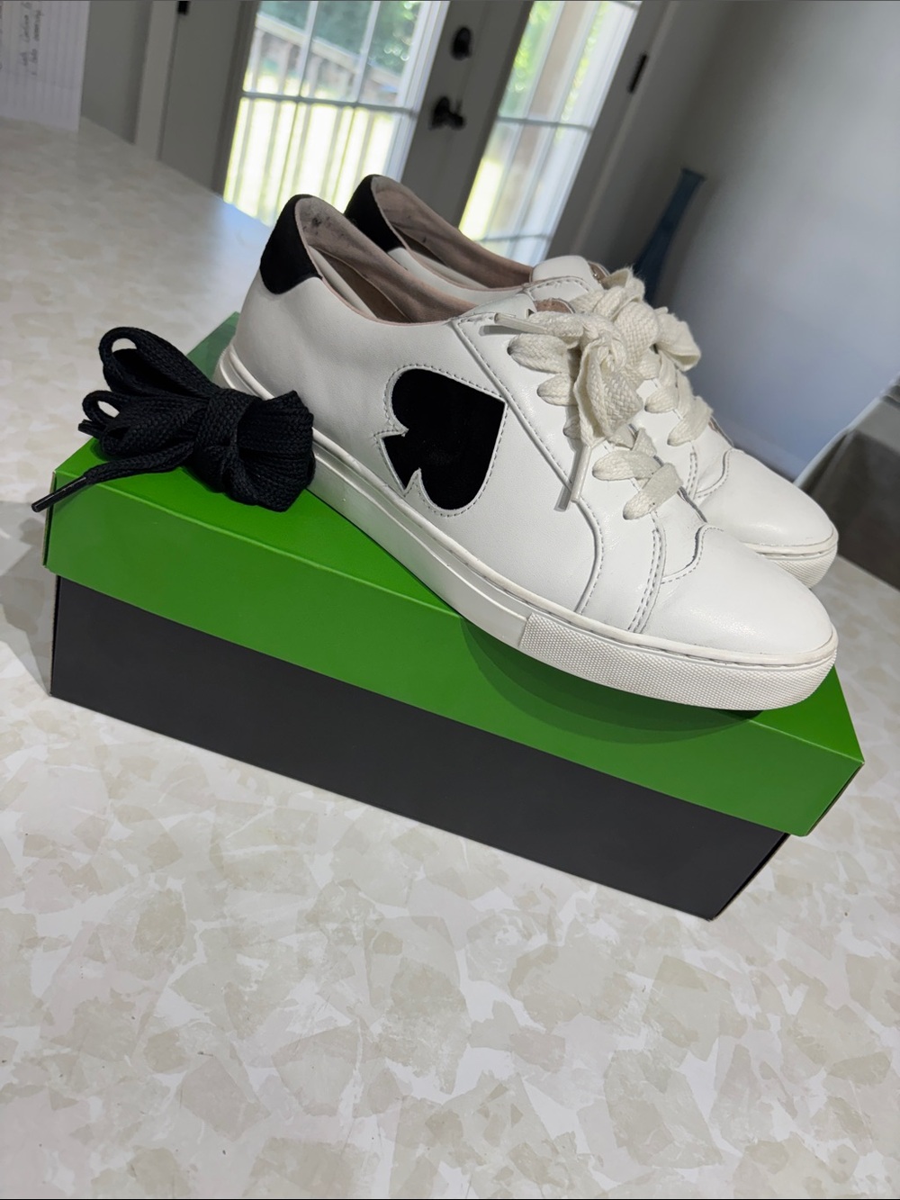 kate spade White Leather Sneakers with Black Spade Accent